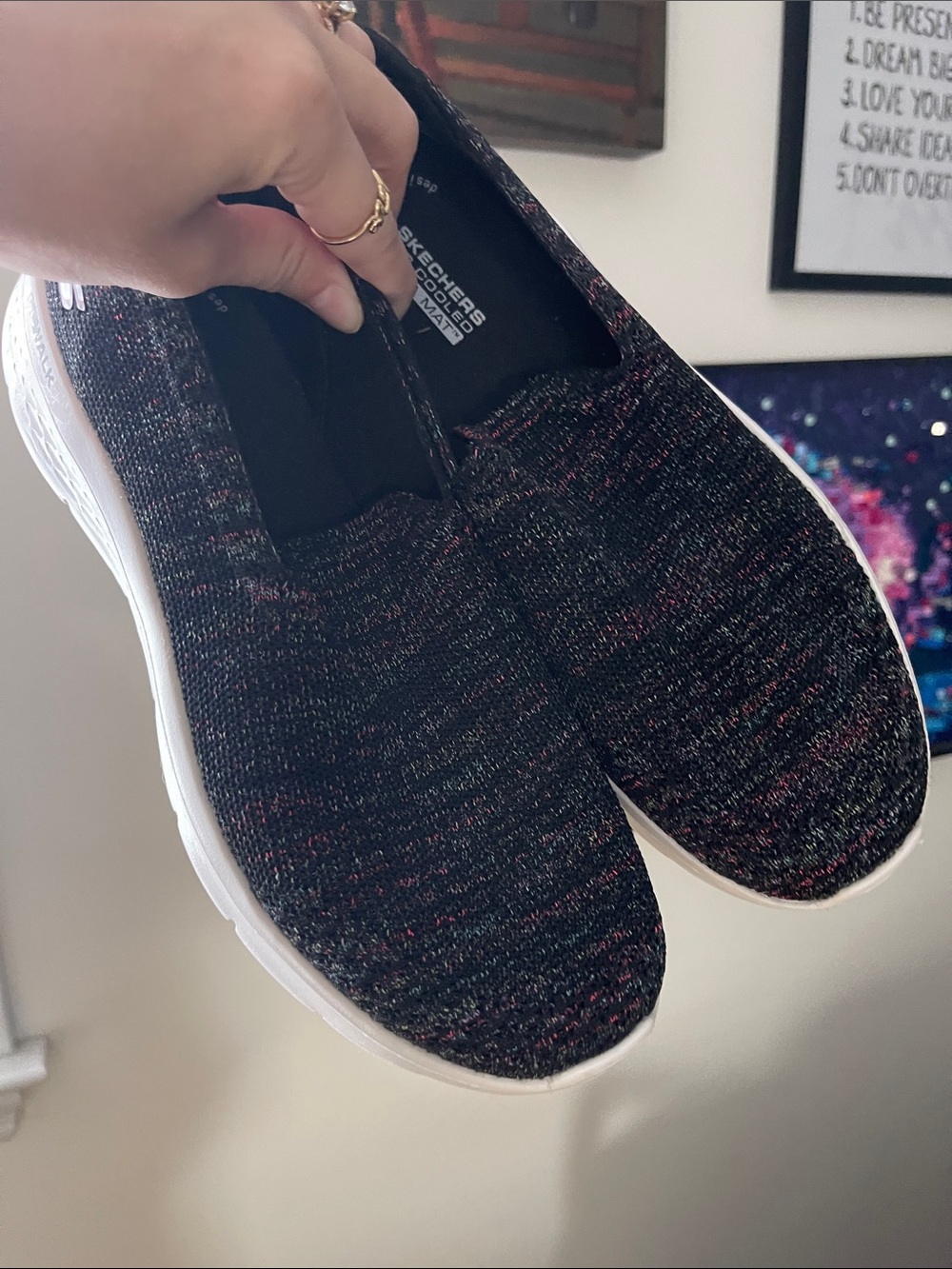 Skechers Women’s Black Knit Slip-On Sneakers with Multicolor Flecks